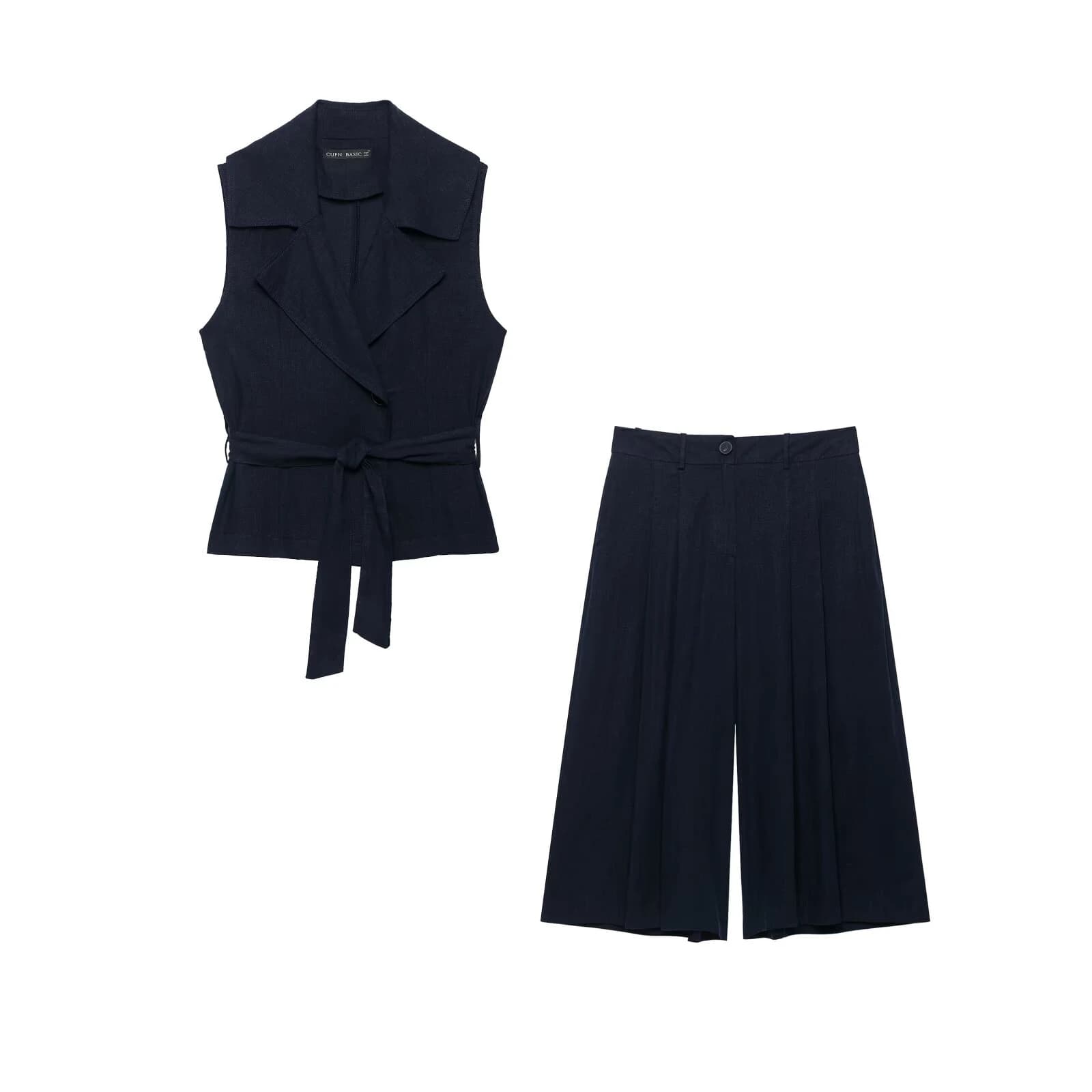 Summer women's sleeveless lapel with belt double breasted vest high waisted pleated wide leg casual shorts set