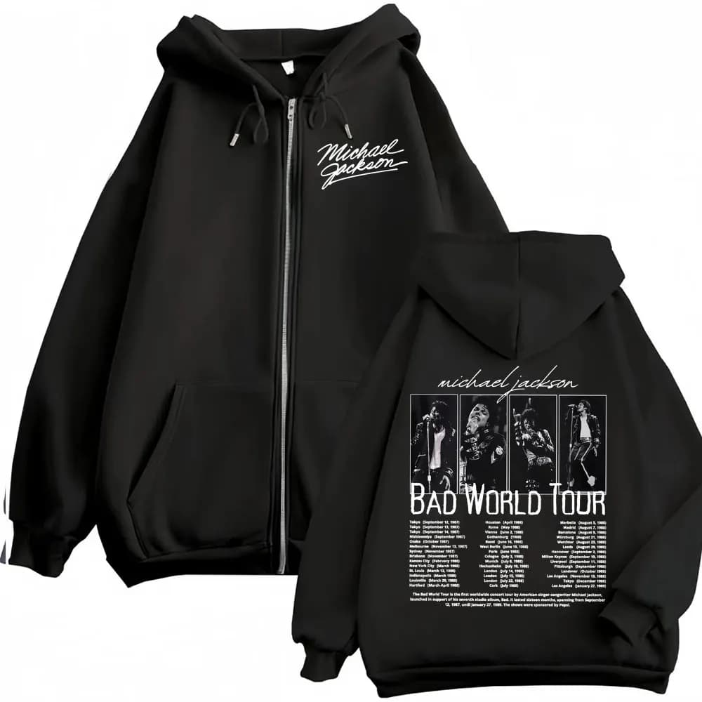Felpe con Cappuccio e Zip King of Pop Michael Jackson Bad World Tour, Giacche Casual in Pile per Uomo e Donna, Cappotti con Cerniera Stile Hip Hop