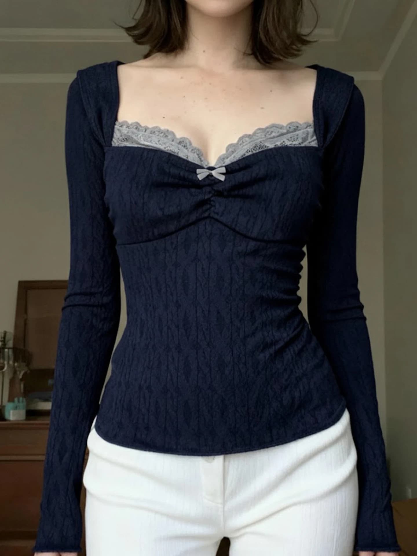 WEEKEEP Lace Splice Long Sleeve T-Shirt Square Collar Knot Slim Fit Versatile Casual Street Style Women's Top