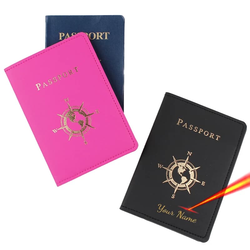 Porta passaporto con nome personalizzabile Porta passaporto con logo bussola di moda Custodia a portafoglio da viaggio in PU per passaporti