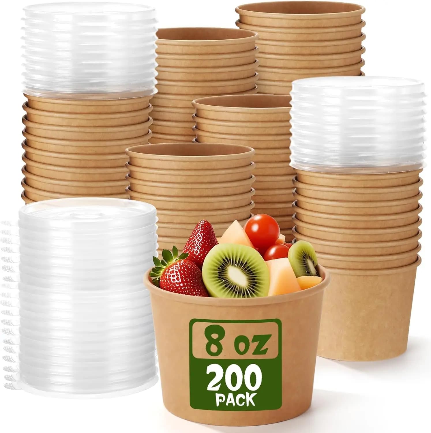 Pack of 200 Paper Containers for Soup with Covers, Disposable Containers for Foods with Ventilated Covers, Bowls for Dessert and Ice