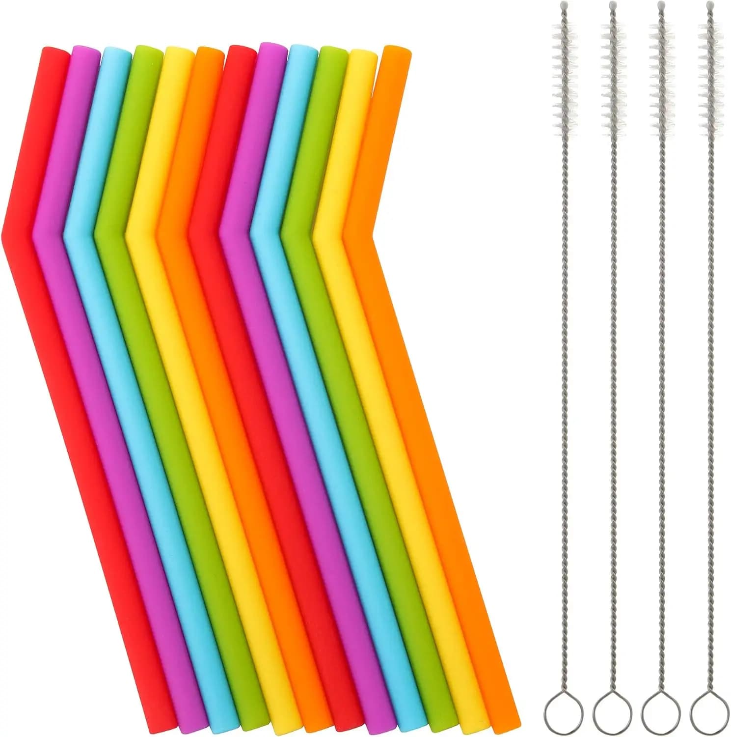 Children's Silicone Candles, 12 pack with 4 brushes for cleaning - 6.6 inch short flexible bottles for 6-10 oz glasses, reusable soft straws