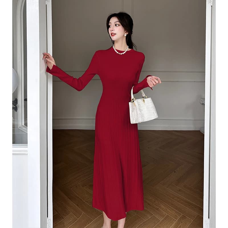 Korean Style Knitted Long Sweater Dress Women's Autumn Winter Slimming Elegant Floor Length Dress Polyester Fiber Skirt