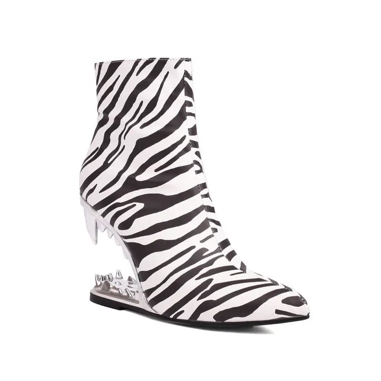 Hollow Out Tiger Tooth Shaped Heel Design Short Boots New Fashionable Leopard Print Zebra Zippered Women's Ankle Boot Size 46