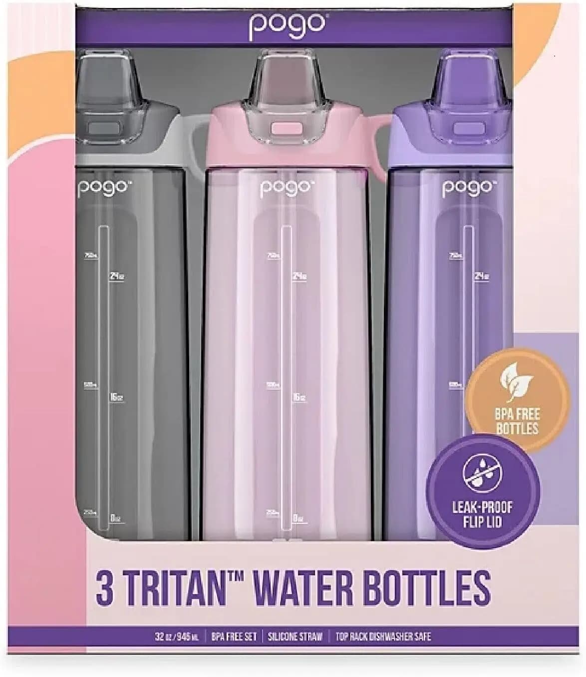 Tritan water bottles without BPA with tipper cover and straw - 32 ounces, 3 ounces (lilla, satin pink, grey)