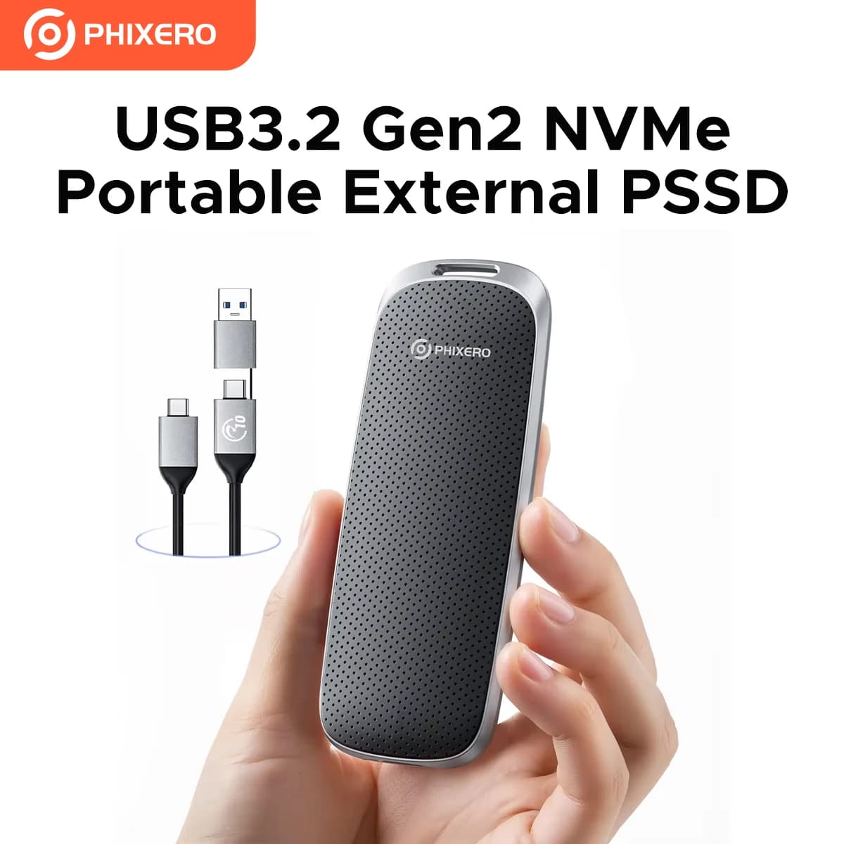 PHIXERO Portable External SSD USB3.2 Gen2 NVMe PSSD with 2-in-1 USB C Cable Speed up to 1050MB/s 512GB 1TB 2TB for Laptop Tablet