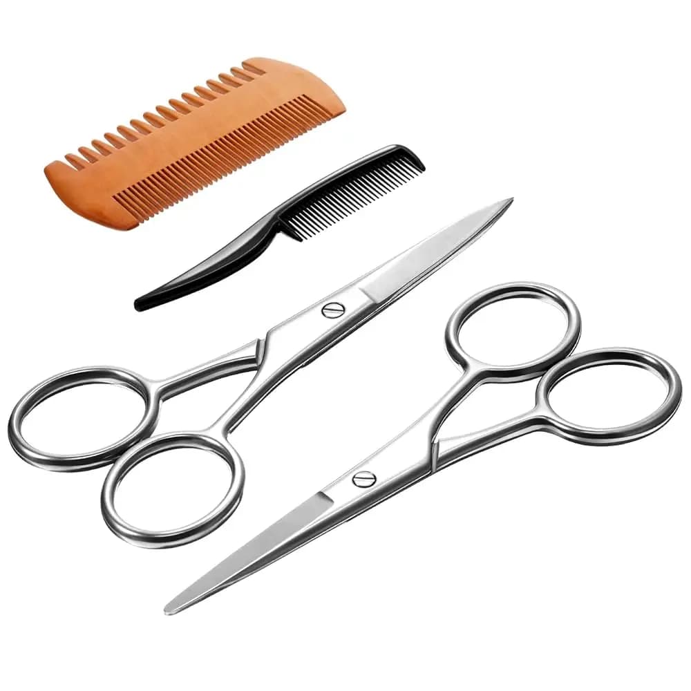 Kit da 4 Pezzi per la Cura della Barba da Uomo, Set Regolabarba con 2 Pettini Piccoli e 2 Forbici, con Custodia