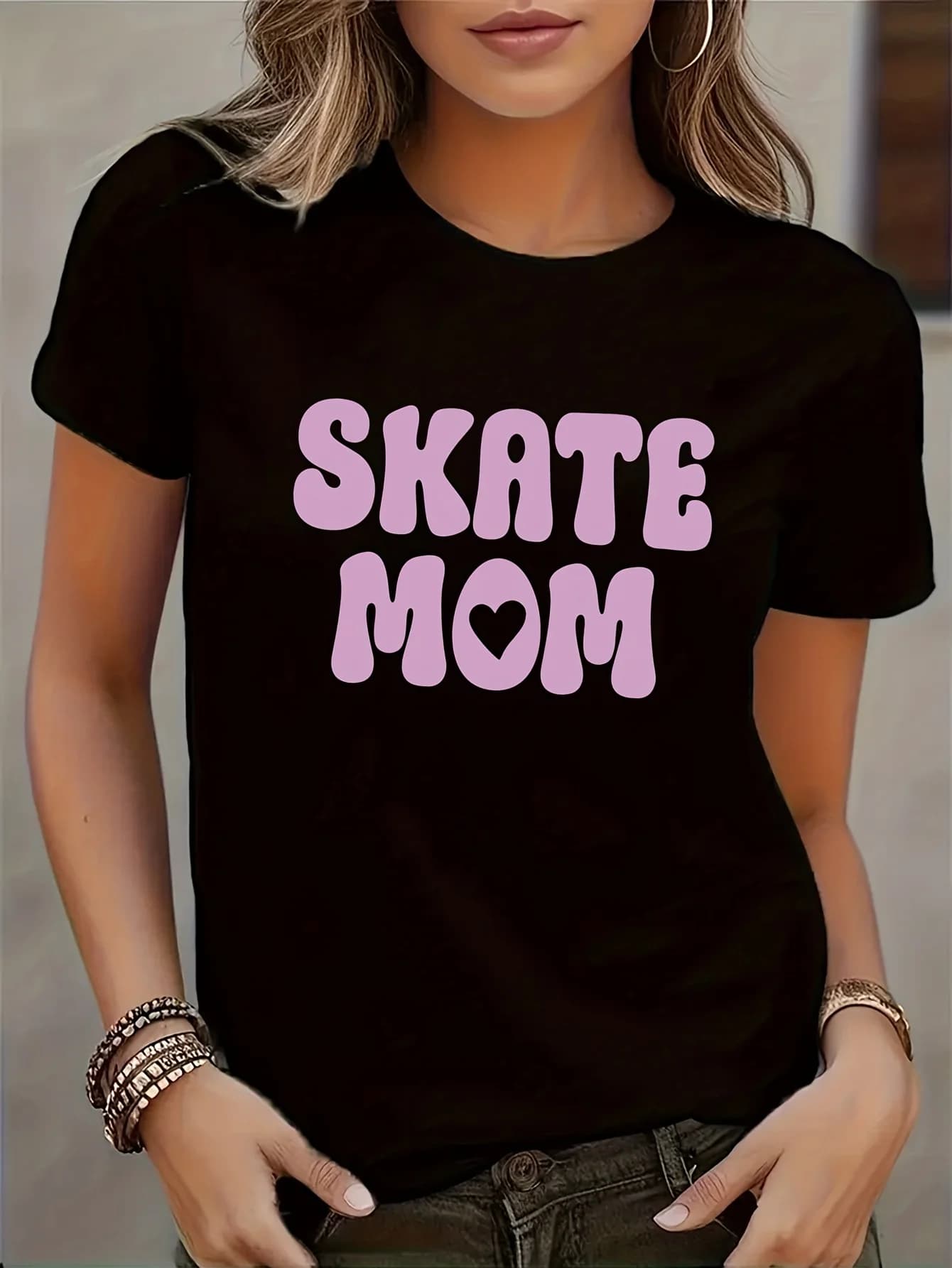 Women Semi Sheer Ice Skating Print Tee Short Sleeve Round Neck Casual Blouse for Skating Events Layering Machine Washable