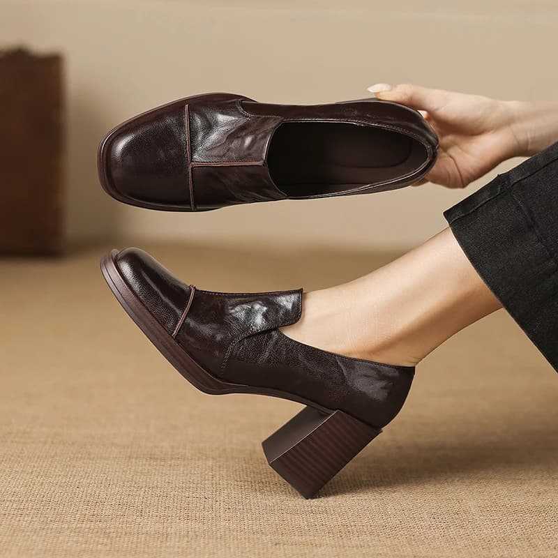 2026 new spring summer women pumps natural leather 22-25cm sheepskin+pigskin square toe thick high heel loafers women shoes