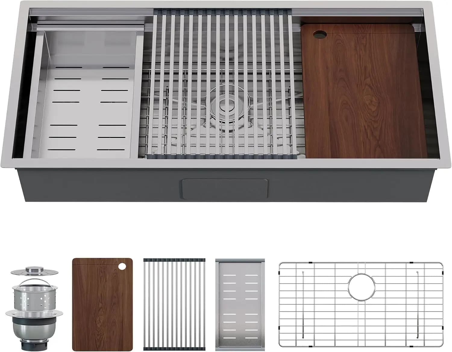 Lavello da cucina sottopiano 45x22 pollici, lavello singolo in acciaio inox 304 calibro 16 con tagliere e asciugapiatti
