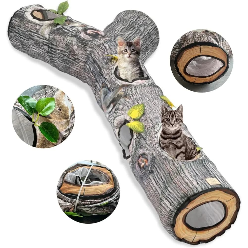 Tunnel per gatti a 3 vie – Labirinto pieghevole con design a tronco d'albero con tubi da gioco per gatti e piccoli animali domestici