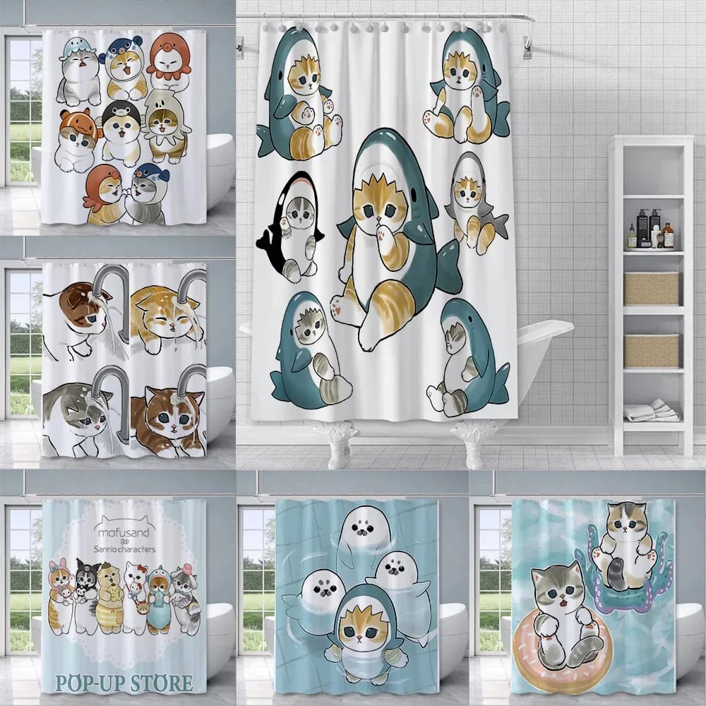 Tenda da doccia Cute Cat Mofusands Tessuto in poliestere impermeabile Vernice Tende da bagno colorate Tenda da bagno per la casa con gancio