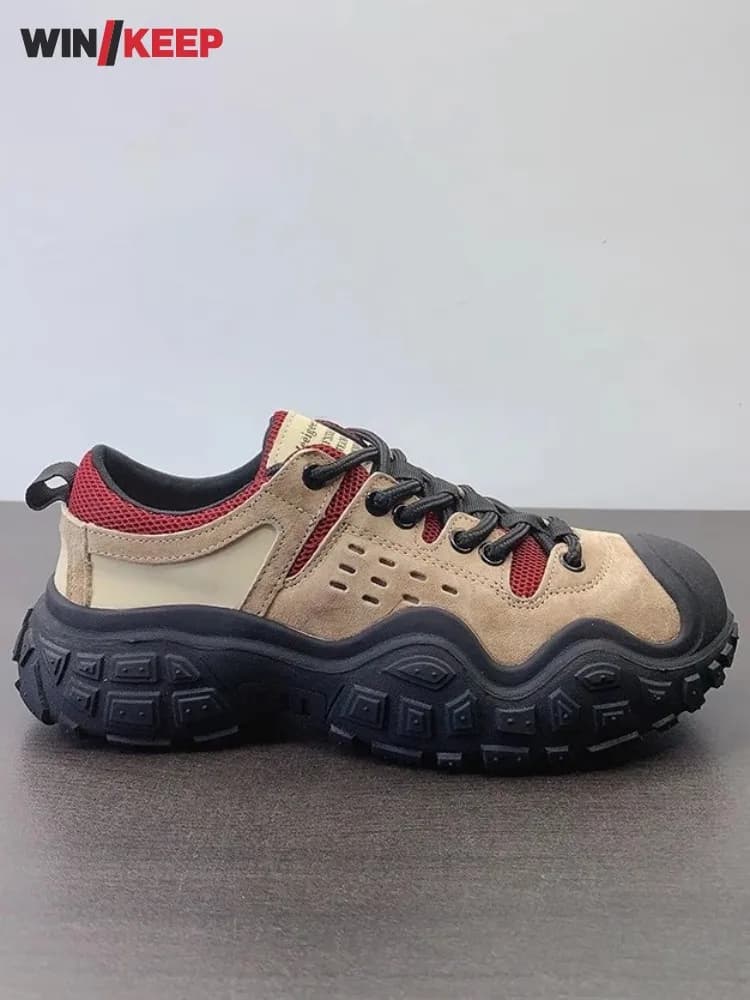 Outdoor Donna Patchwork Mesh traspirante Stivali da trekking in vera pelle Stringati Punta tonda Fondo spesso Scarpe sportive da campeggio da viaggio