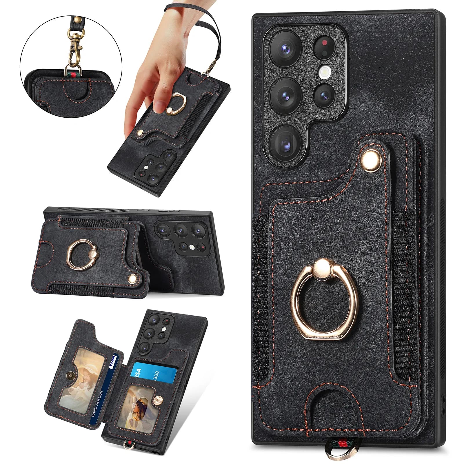 Custodia a portafoglio in pelle con laccetto e anello per Huawei Nova Y90 Y70 Plus 13 Pro 12 11 10 SE 9 8, con 4 slot per carte e blocco RFID