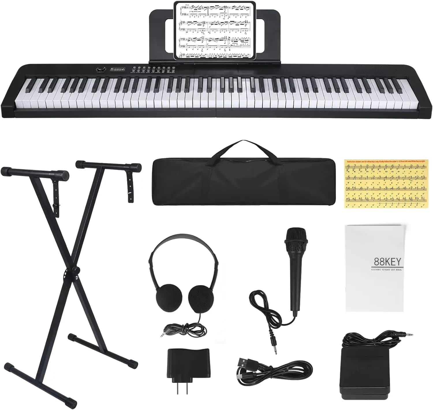 Pianoforte Digitale Elettrico a 88 Tasti con Tasti Semi-Pesati, Pedale Sustain, Supporto, Custodia, Cuffie e USB-MIDI per Principianti