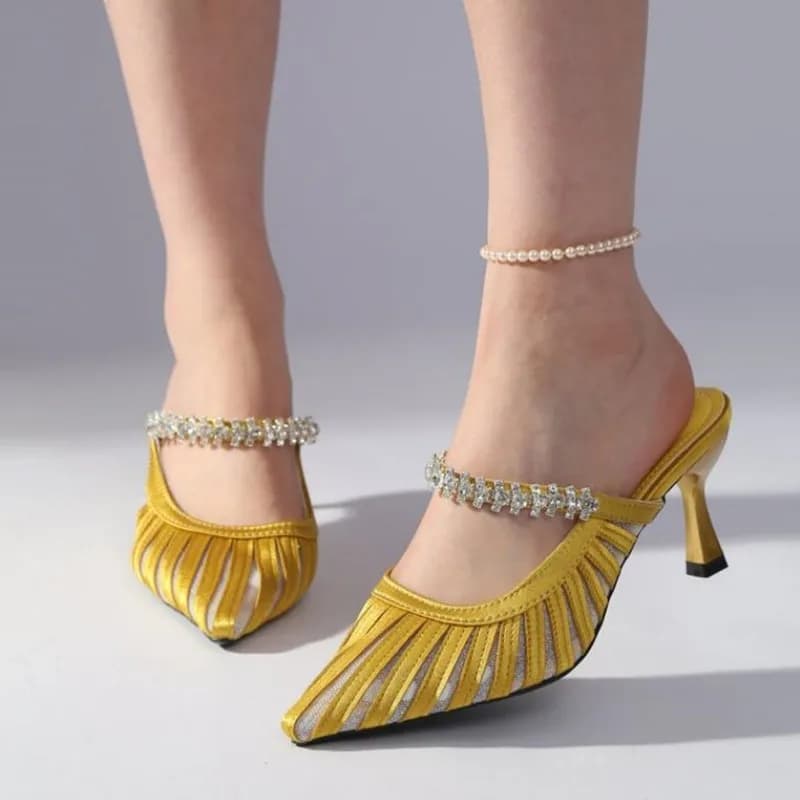 Brand Designer Mesh Breathable Rhinestone Mules Slippers Women Sexy Pumps Pointed Toe Elegant High Heels Sandals Ladies Slides