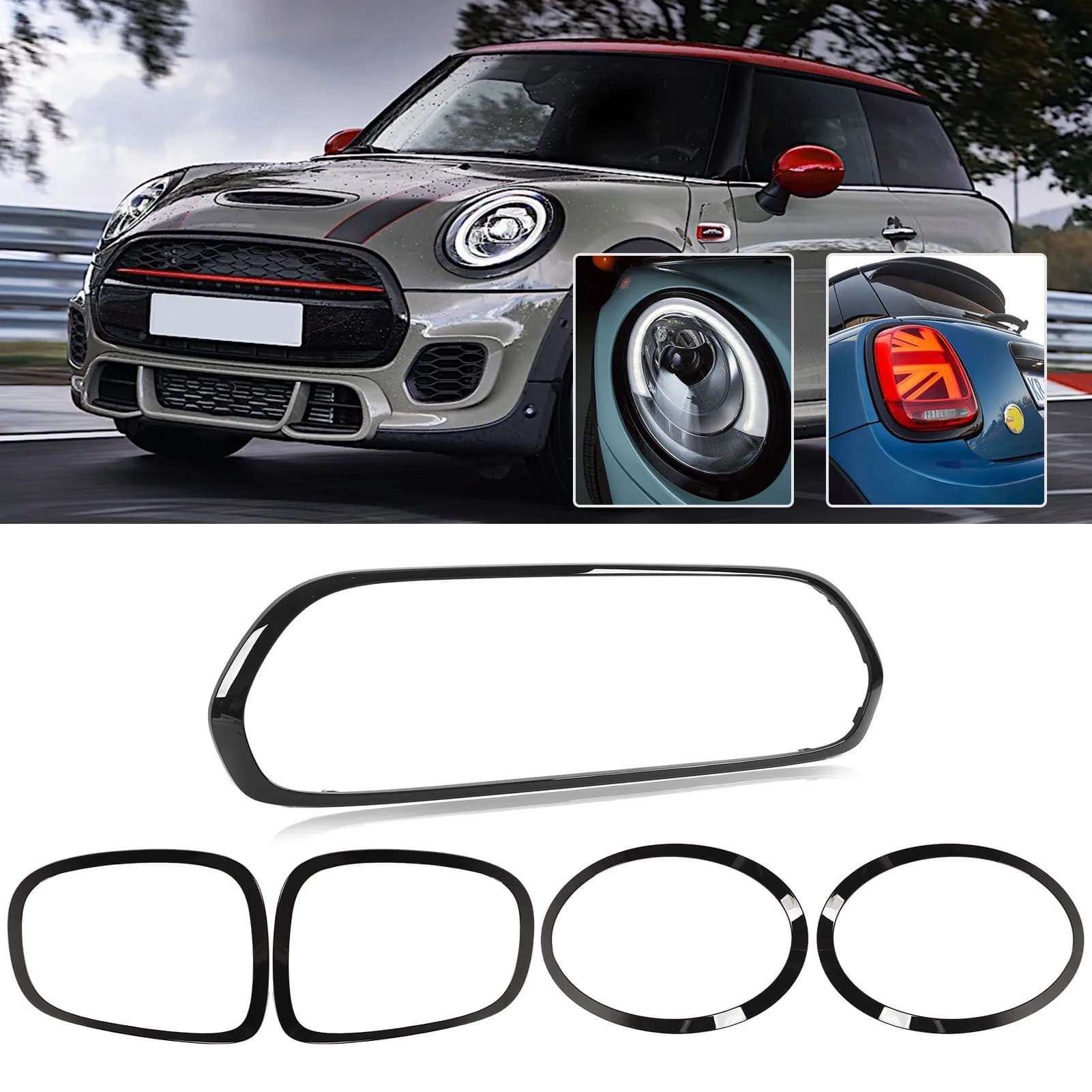 5 pcs Black Polished Light Headlight Rear Grid Surround Trim Cover for Mini F55 F56 F57 One Cooper S JCW 2014+