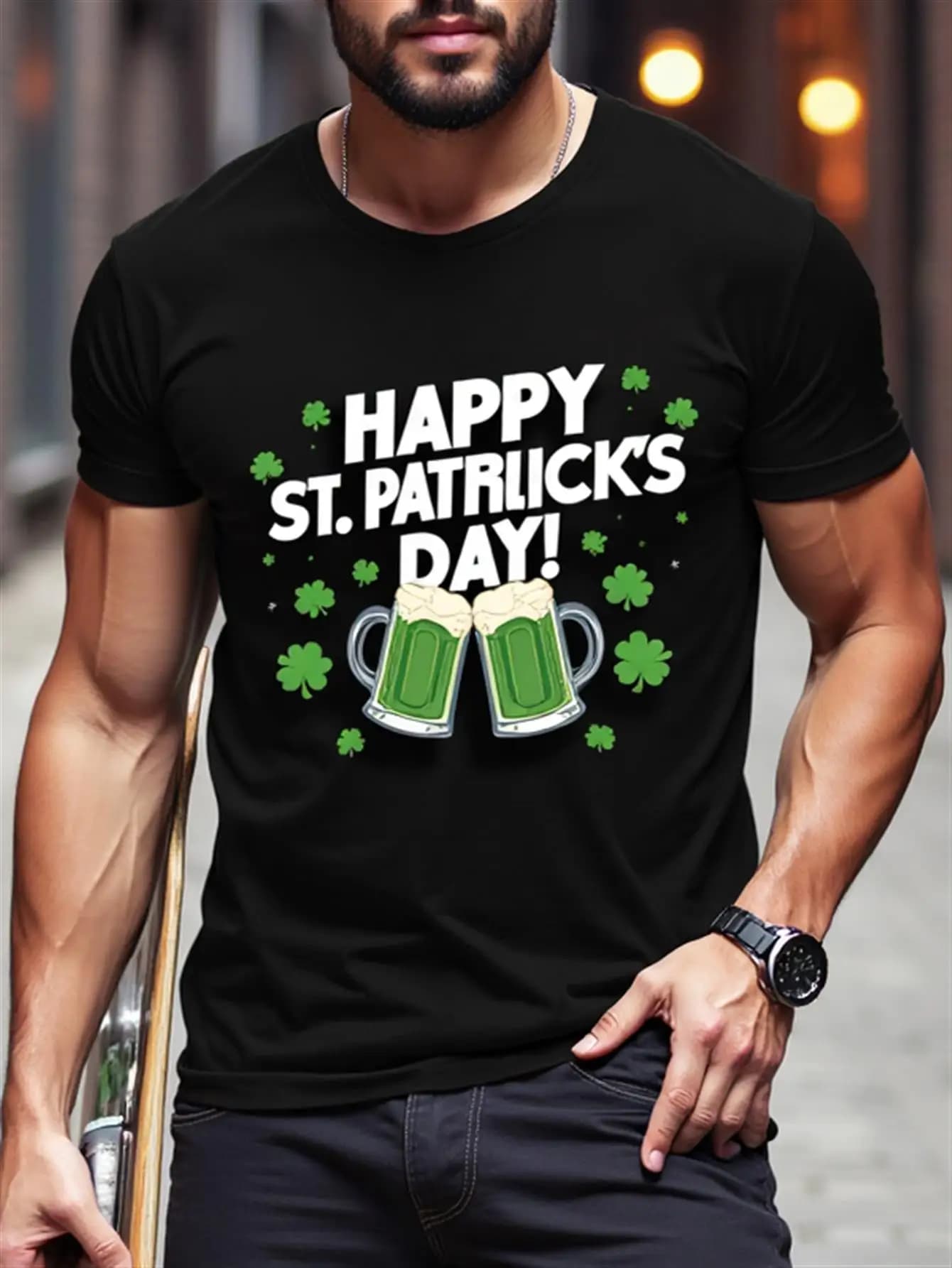T-shirt da uomo per il giorno di San Patrizio, 100% cotone, motivo birra irlandese e trifoglio, camicia casual a maniche corte, girocollo con frase Happy St. Patrick, ideale per feste, sfilate e abbigliamento quotidiano.