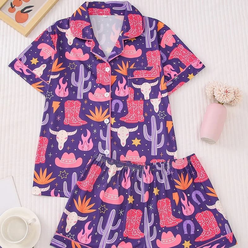 Women Cartoon Print Pajama Set Short Sleeve Lapel Top and Elastic Shorts Comfortable for Summer Sleepwear Homewear