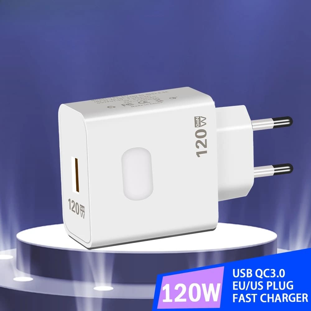 Caricatore di ricarica USB veloce GaN da 120 W Cavo tipo C 10A per iPhone Samsung Xiaomi Tipo C Caricatore per telefono cellulare da parete a ricarica rapida 3.0