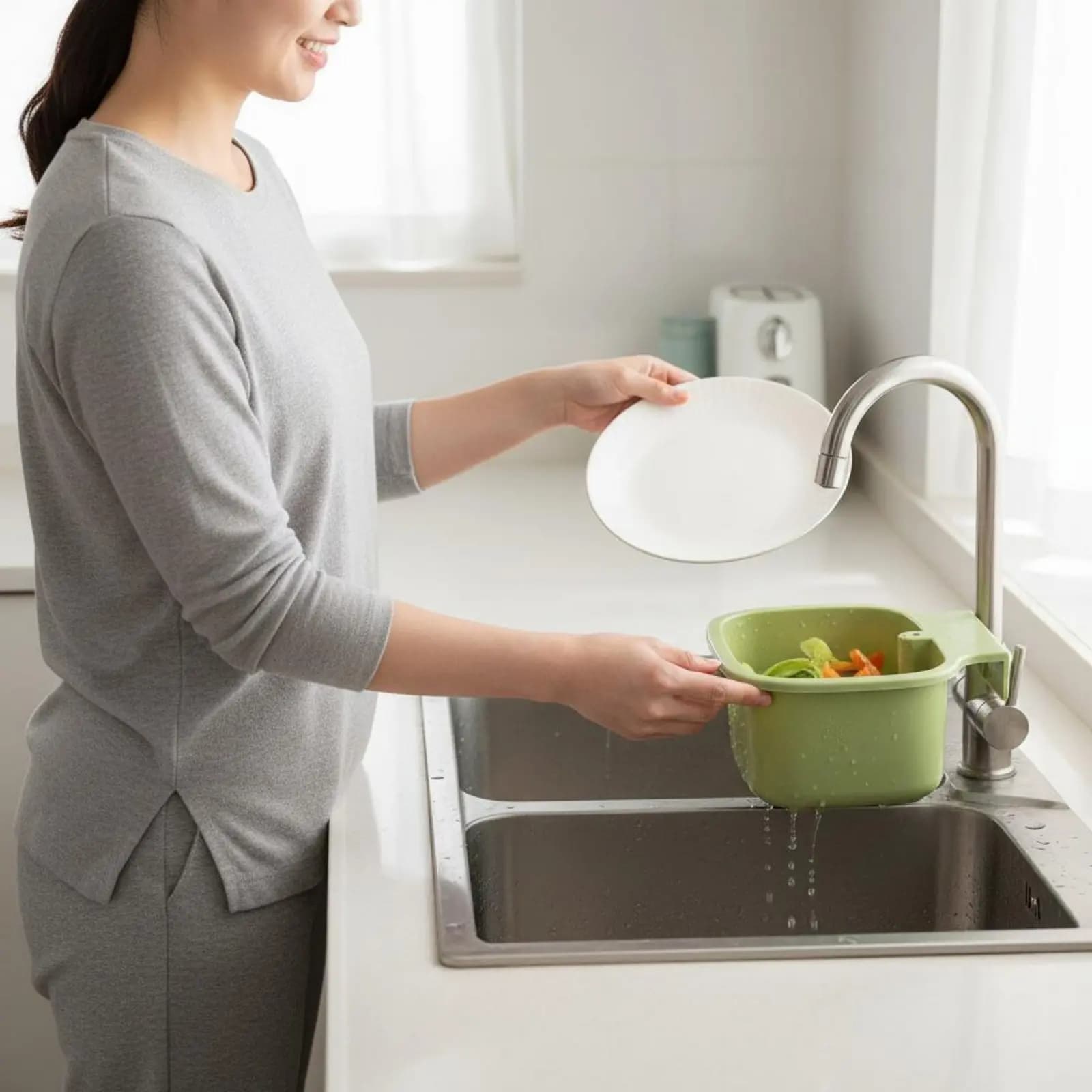 Cestello per Rifiuti Alimentari con Separazione Umido/Secco, Raccoglitore di Cibo per Lavello da Cucina
