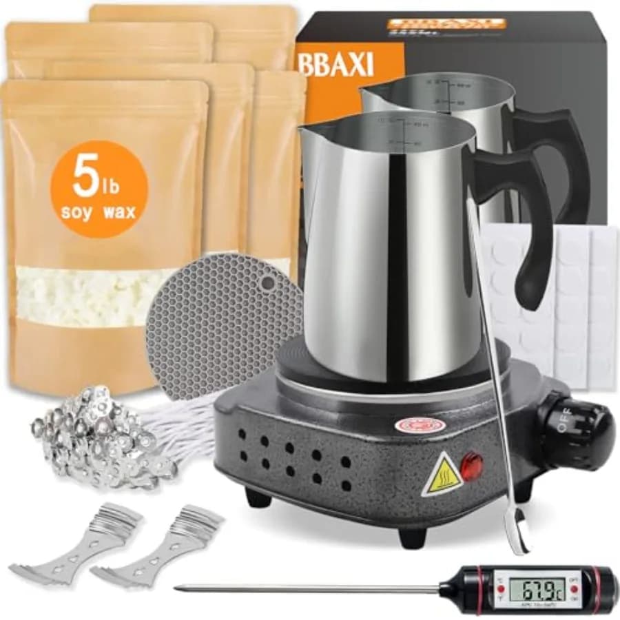 Kit per la creazione di candele per adulti, con strumento per fondere la cera, pentola per versare, cucchiaio per colorare, stoppini in cotone e dispositivi per il centratamento.