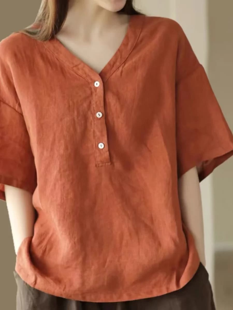 Women's Cotton Linen V-neck Short-sleeved T-shirt Summer New Style Loose Fit Slimming Overhead Versatile Base Shirt