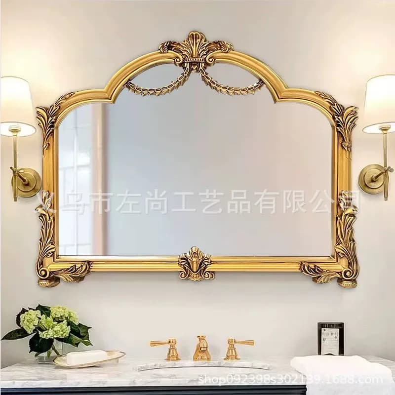 French Retro Carved Bathroom Mirror American Style Living Room Entrance Decorative Wall Mirror for Toilet Dressing Area