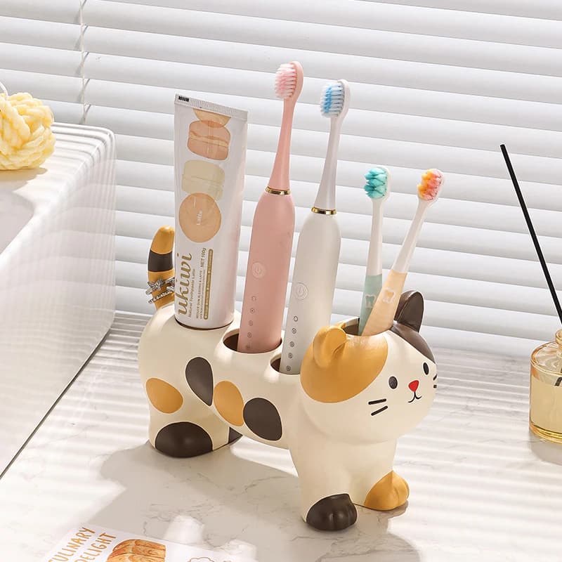 Three-flower Cat Electric Toothbrush Rack Couple Toothpaste Placed Washstand Base Bracket Ceramic Holder Bathroom Supplies