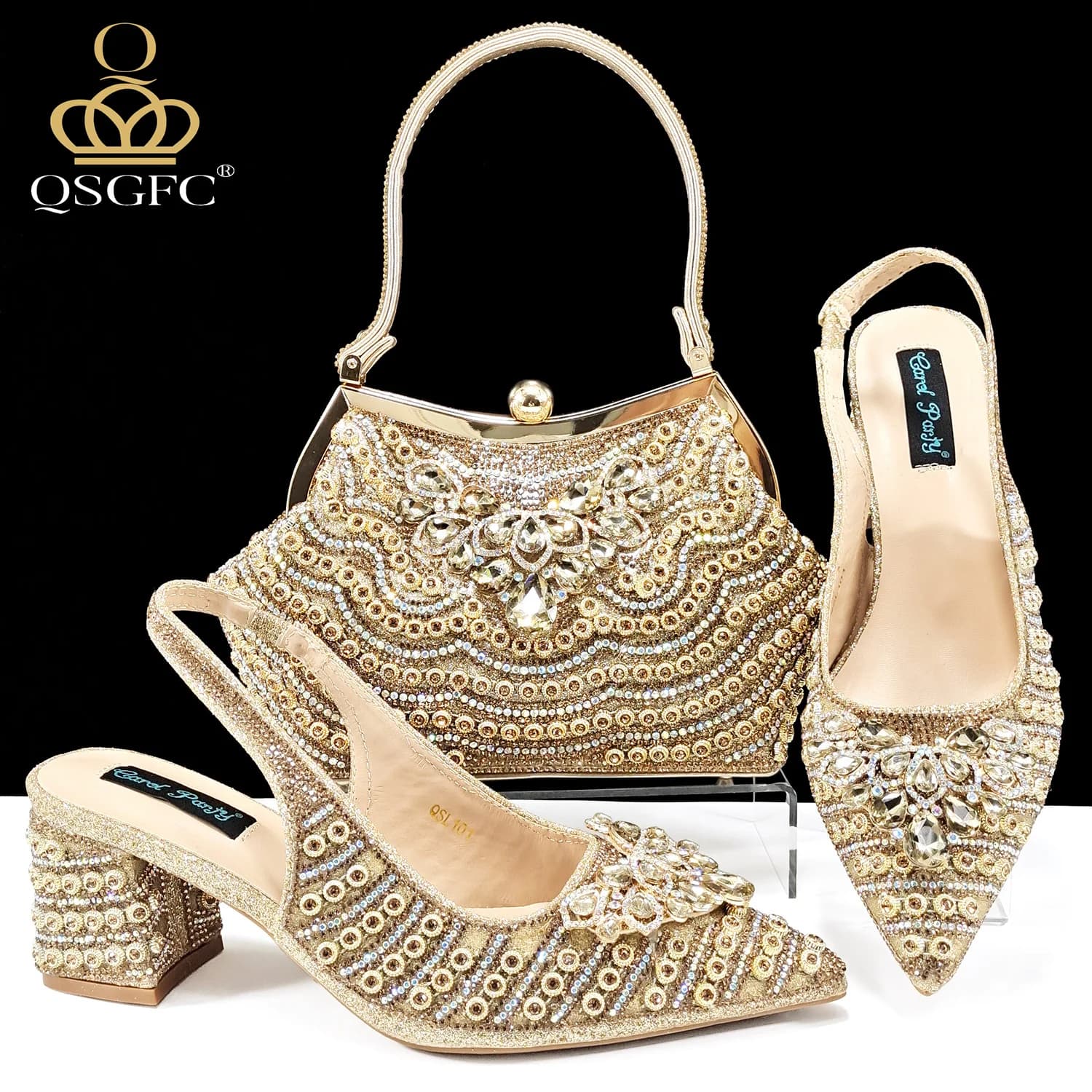 Queen Yan 2025 INS Scarpe comode con tacco alto e strass pieni e borsa Scarpe a punta stile moda per le donne