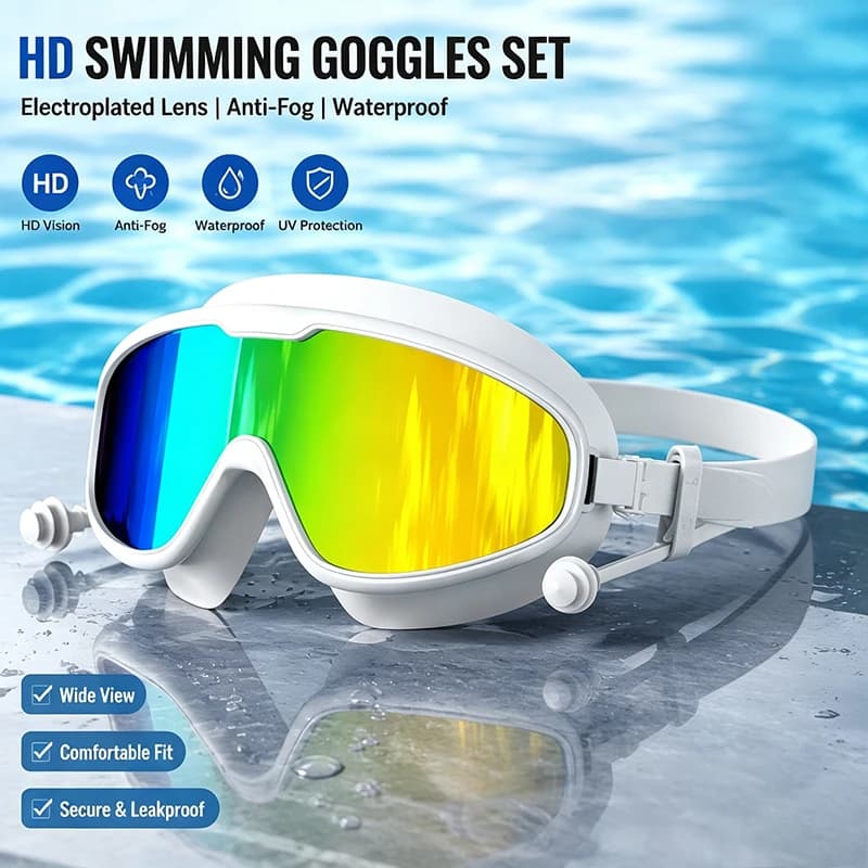 Electroplated Len HD Swimming Goggles Set, Anti-Fog, Waterproof, Silicone Swim Glasses With Swim Cap Nose Clip And Earplugs
