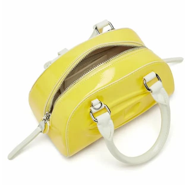 Bright Yellow Shiny Patent PU Mini Boston Bag Embossed Oval Front Decor Full Zip Closure Top Handle Detachable Crossbody Strap Small Ladies Fashion Handbag