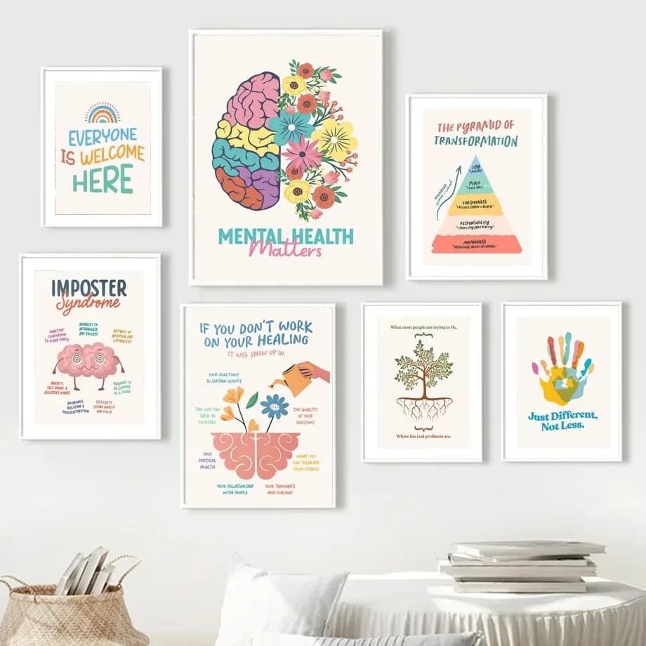 Mental health issues with hands and brain rainbow wall art oil painting poster decoration psychological hospital home decoration