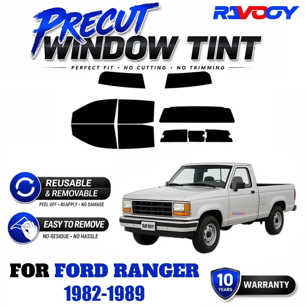 RAVOOY Precut Window Tint, Reusable Removable EPU Film, Custom Fit for Ford Ranger 1982-1989, UV Heat Protection