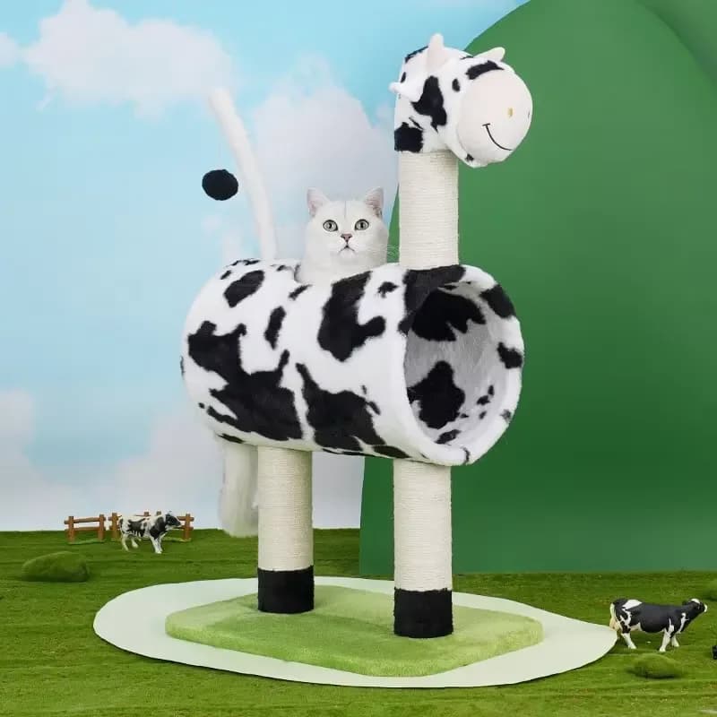 Cow Shape Cat Tree Climbing Frame Warm Cat Grab Post Integrated Semi-enclosed Four Seasons Universal Cat Toy Supplies