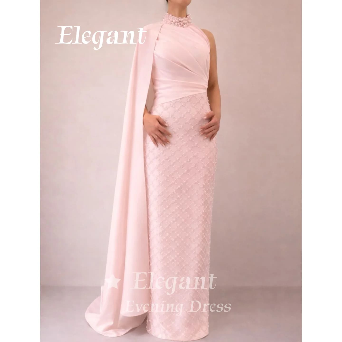 Abito da ballo rosa cipria con scollo all'americana, abito da sera con perle e maniche a mantella, lungo fino al pavimento, per feste formali e matrimoni, personalizzabile