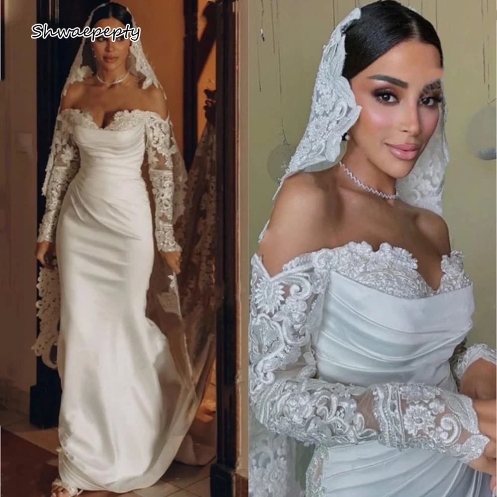 Abito da sposa a sirena con spalle scoperte con maniche lunghe in pizzo pieghe a cuore abito da sposa elegante in raso bianco avorio personalizzato