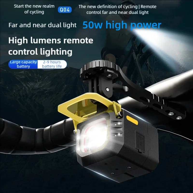 Faro da guida notturno per bici da 50 W, telecomando wireless ricaricabile, luce anteriore per bici, luci a sospensione impermeabili