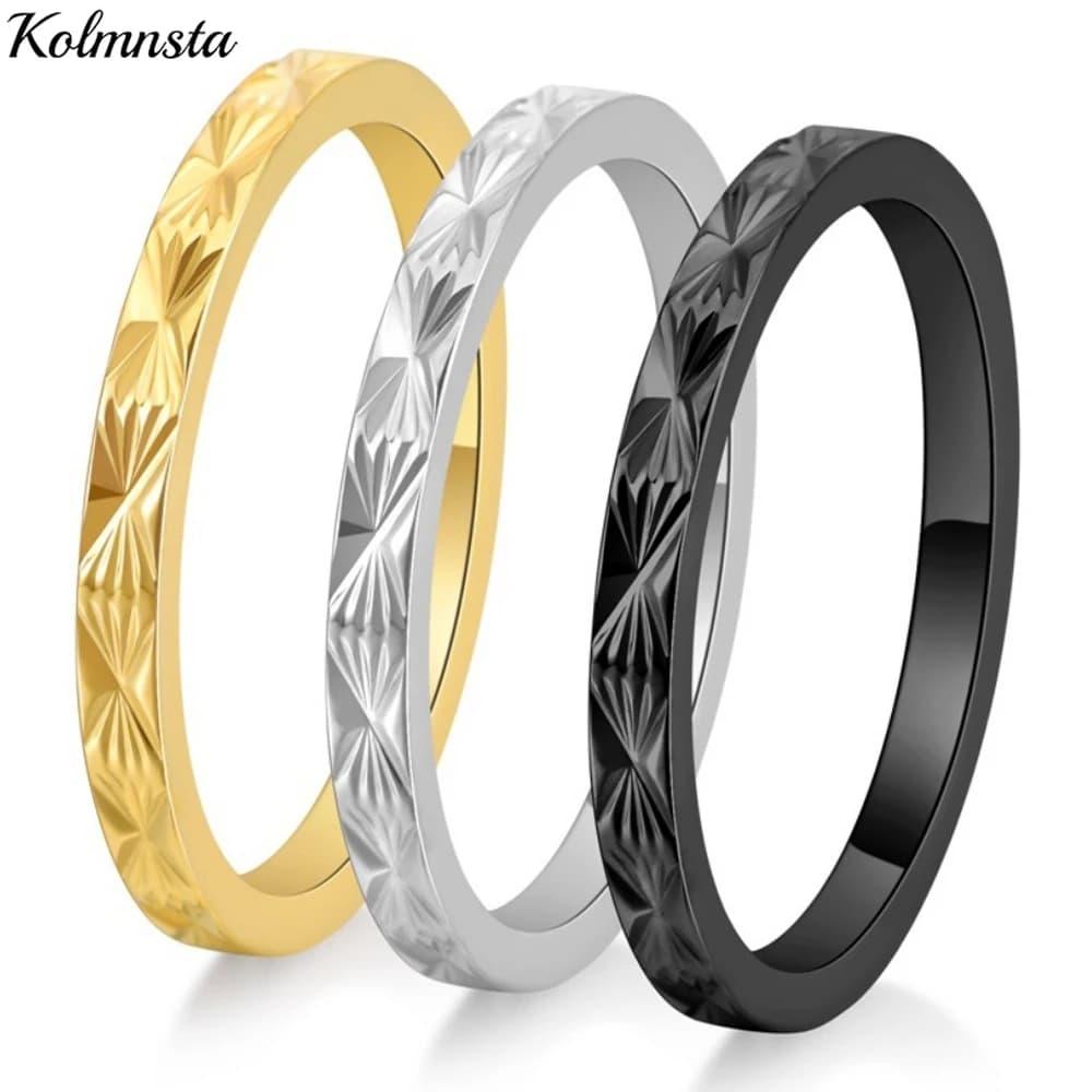 Kolmnsta 2mm Titanium Steel Stackable Wedding Rings For Women Minimalist Star Cross Engraved Finger Ring Couple Jewelry Anillos