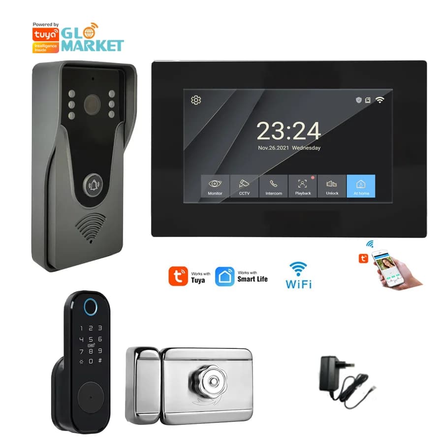 Glomarket Tuya Videocitofono impermeabile da 7 pollici con sistema di controllo accessi con serratura elettrica Videocitofono con telecamera per campanello