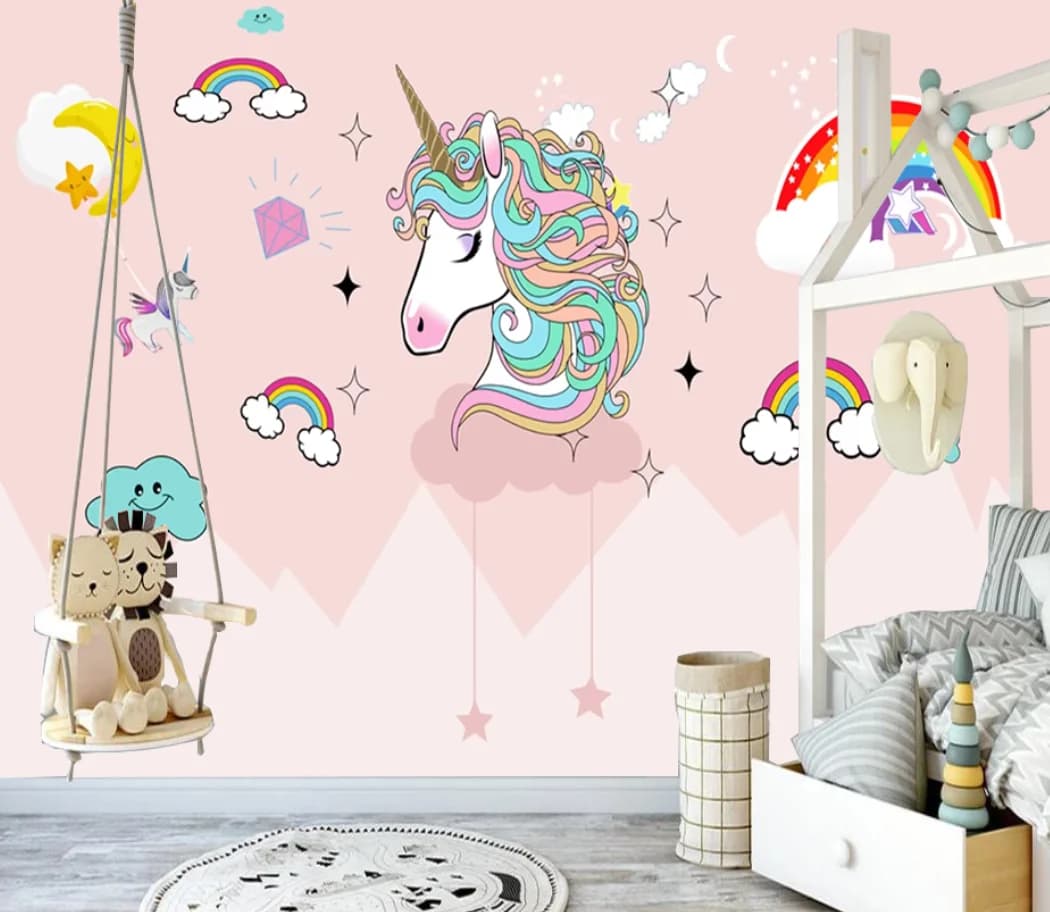 Carta da parati personalizzata, bellissimo murale con albero rosa, unicorno, fiore, arcobaleno, murale con albero animale per parete di fondo TV, carta da parati 3D