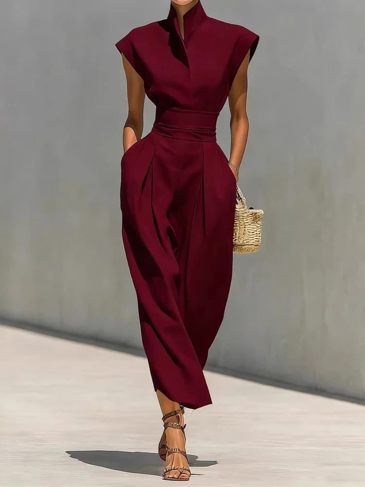 Elegant Long Dress with High Street Style Pockets, Refined Office Dress, New Women's Summer Dress with High Collar