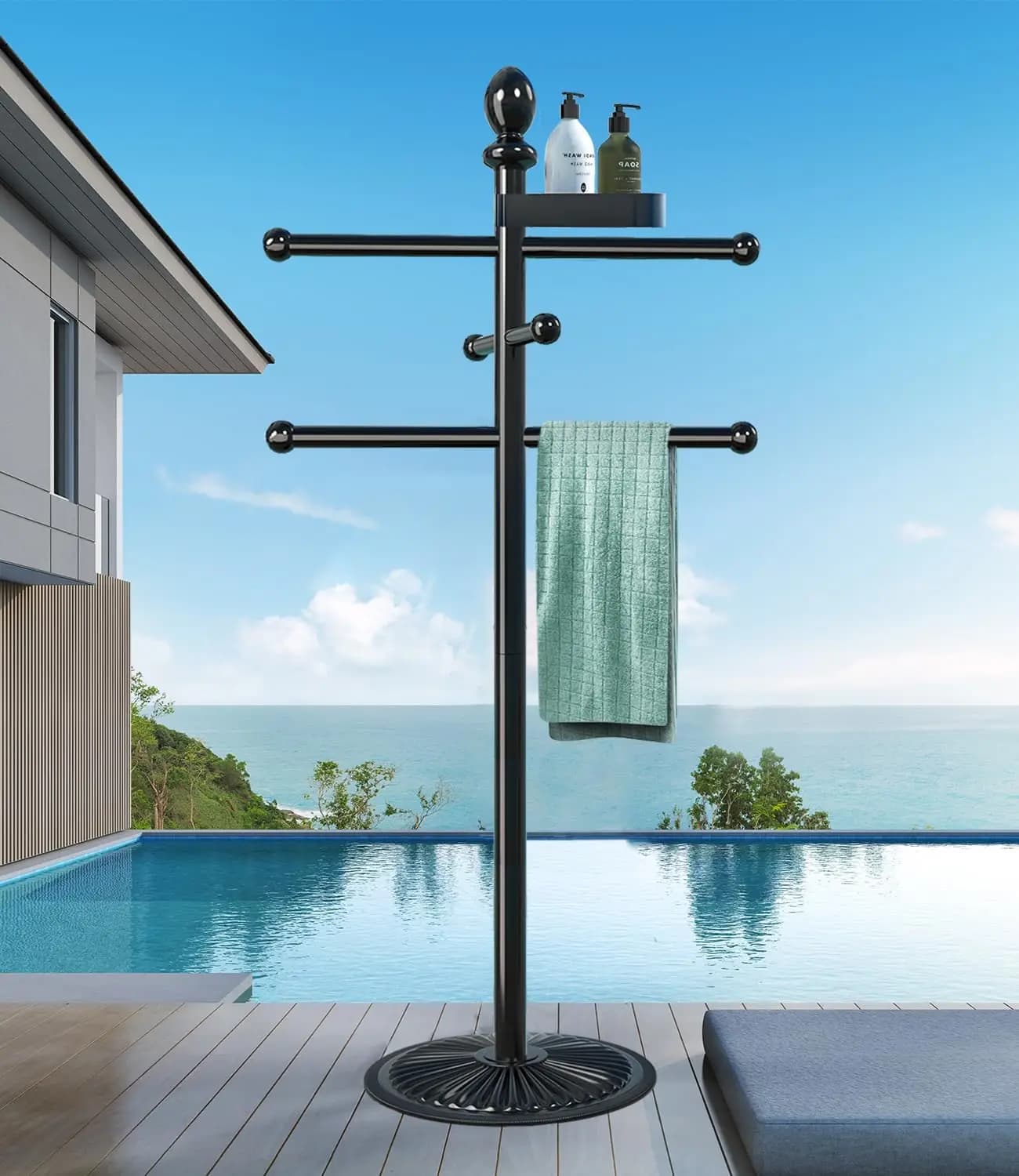 Portasciugamani da esterno per piscina, supporto in metallo resistente a 6 barre con vassoio superiore, ideale per vasche idromassaggio e piscine, soluzione per l'asciugatura dei telaioli