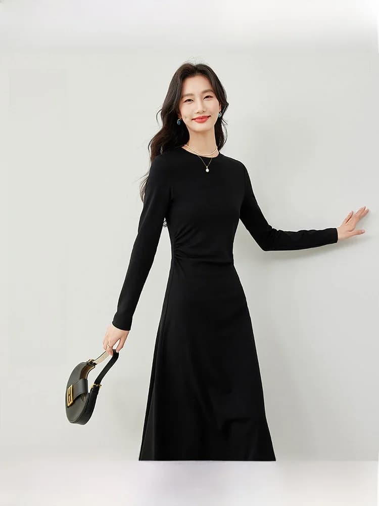 Elegant Black round Neck A-Line Dress Women's Fashion Spring New Style Slimming High-End Feeling Long Dress Streetwear