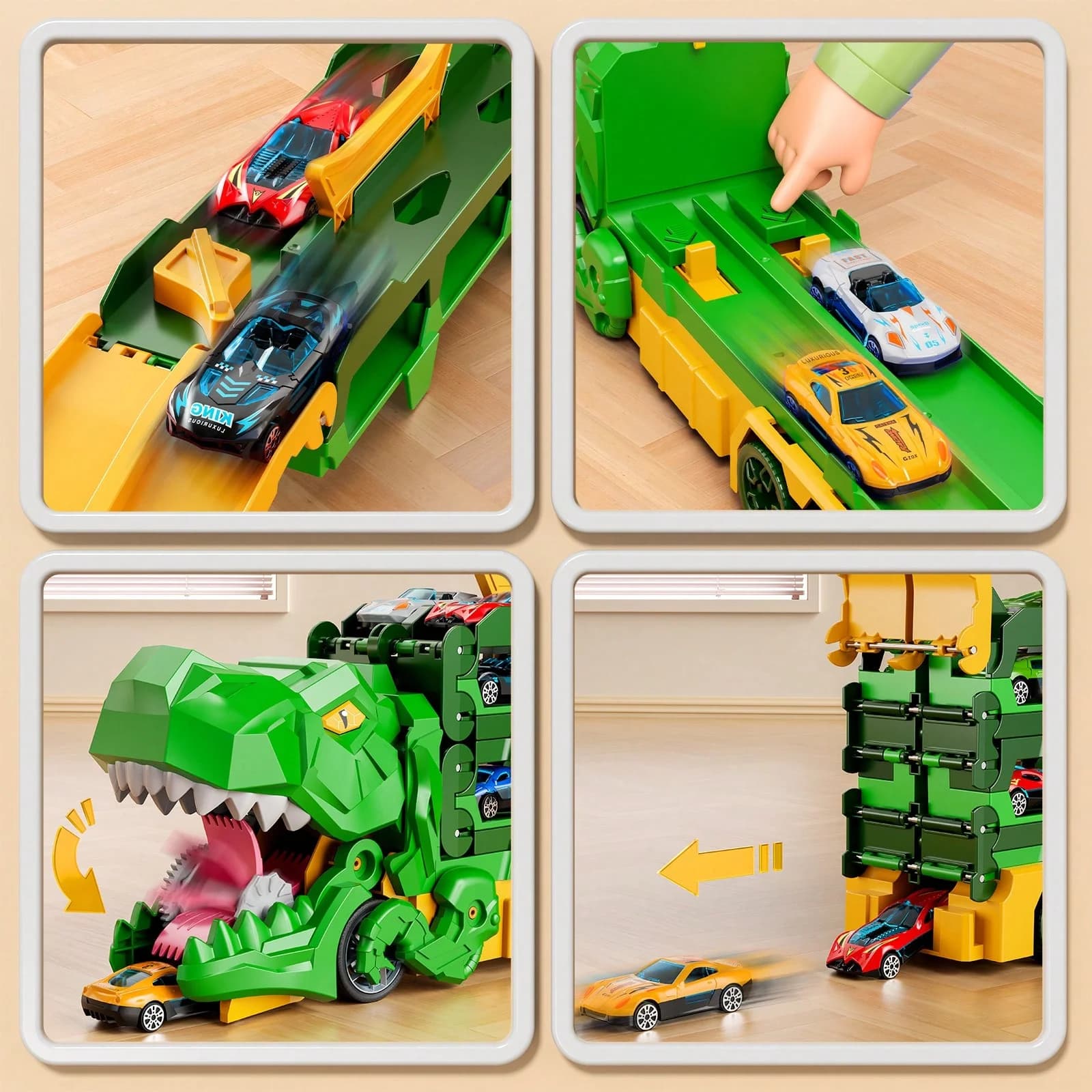 Giocattolo educativo STEM: set di camion e cingoli dei dinosauri con 12 auto in lega | Raceway e garage super lunghi per bambini dai 3 ai 8 anni | De