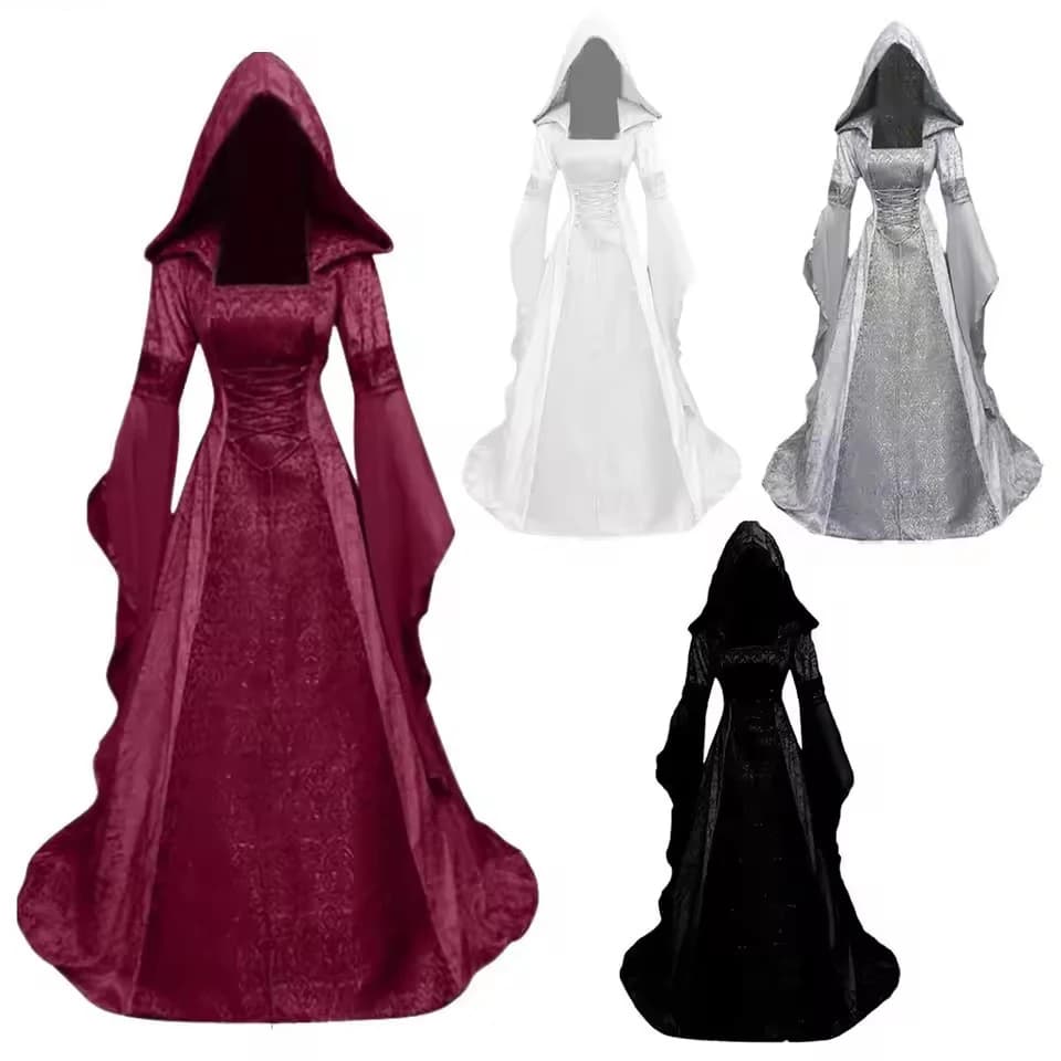 Women's Deluxe Witch Dress, Medieval Rinascimental Dress with Wax, Devil's Costume Pay for Halloween, Bride Dress, Strega Costume with Hood
