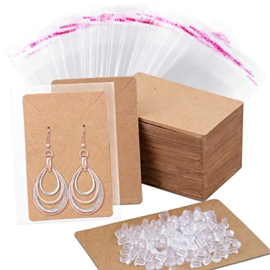 100 Pcs Earring Display Cards with 200 Earring Backs and 100 Self-Sealing Bags for Earrings, Necklace and Jewelry Display, Kraf