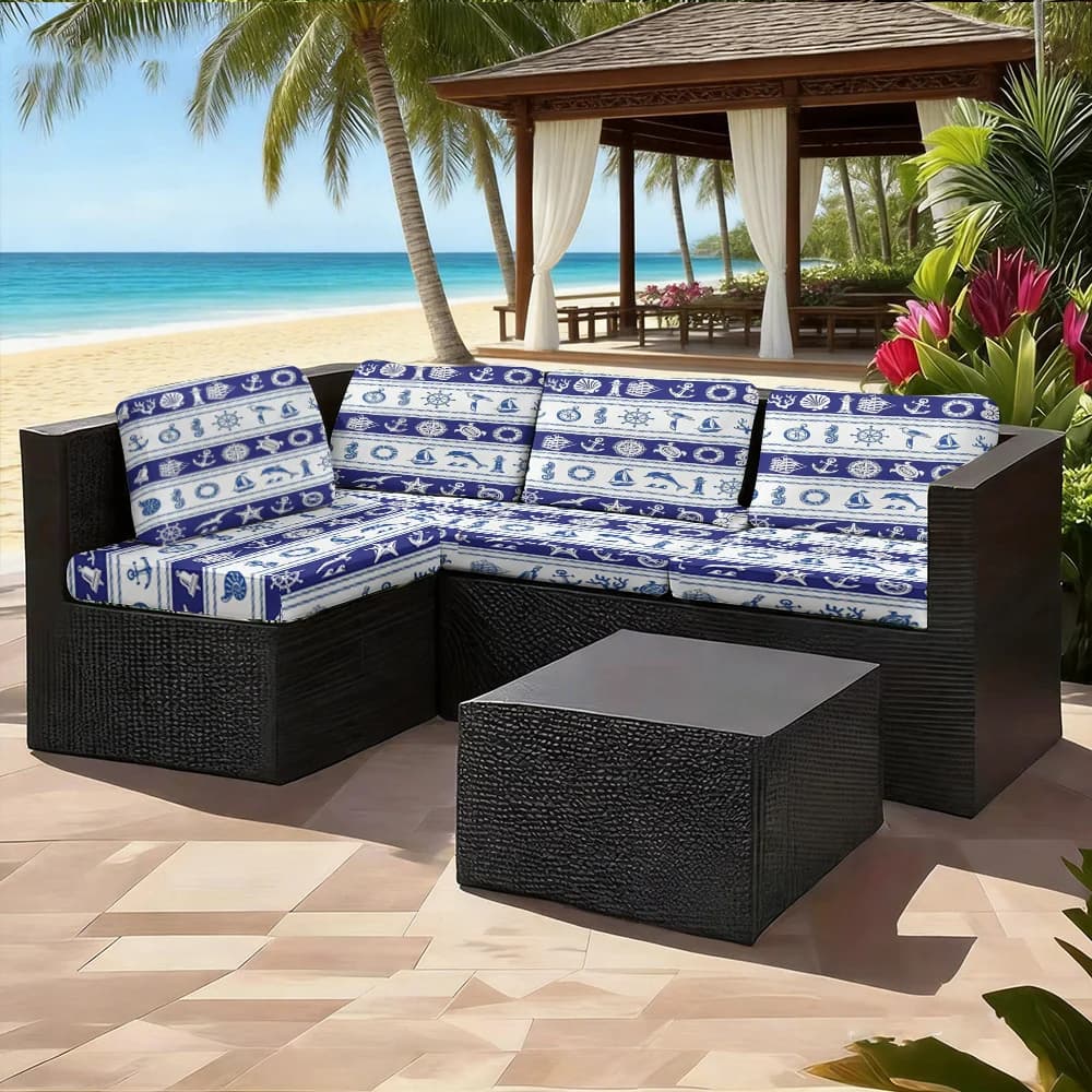 6/8pcs White Base Navy Nautical Anchor Dolphin Striped Print Outdoor Rattan L-Shaped Sectional Cushion Cover