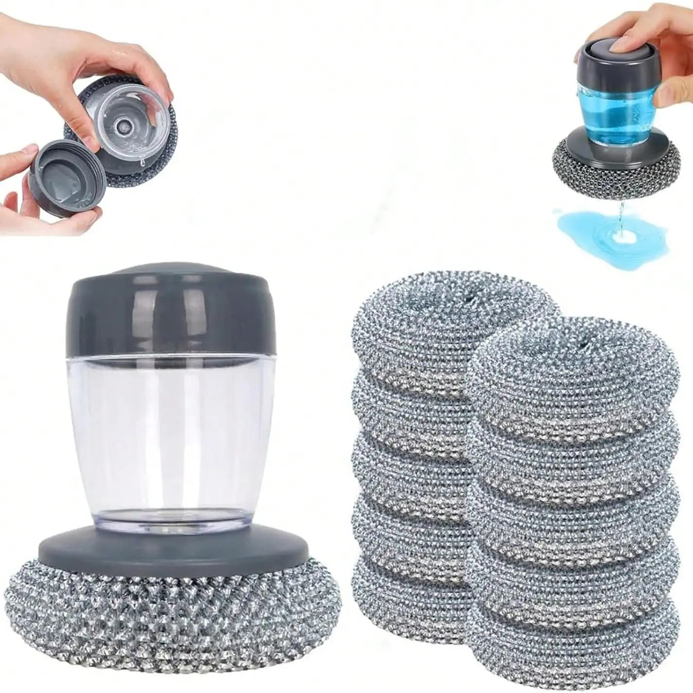 9pcs Soap Dispensing Kitchen Scrub Brush - Comfort Non-Slip Grip, Replaceable Nylon Bristles, Built-In Dispenser Without Soap For Dish Cleaning (1+8pcsreplacement Parts)