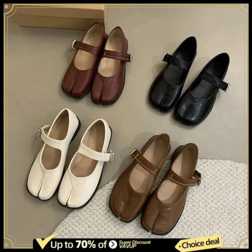 Women's Split Toe Flat Shoes Retro Mary Jane Loafers Soft Leather Casual Footwear Elegant Autumn Fashion Retro Ankle Strap Tabi
